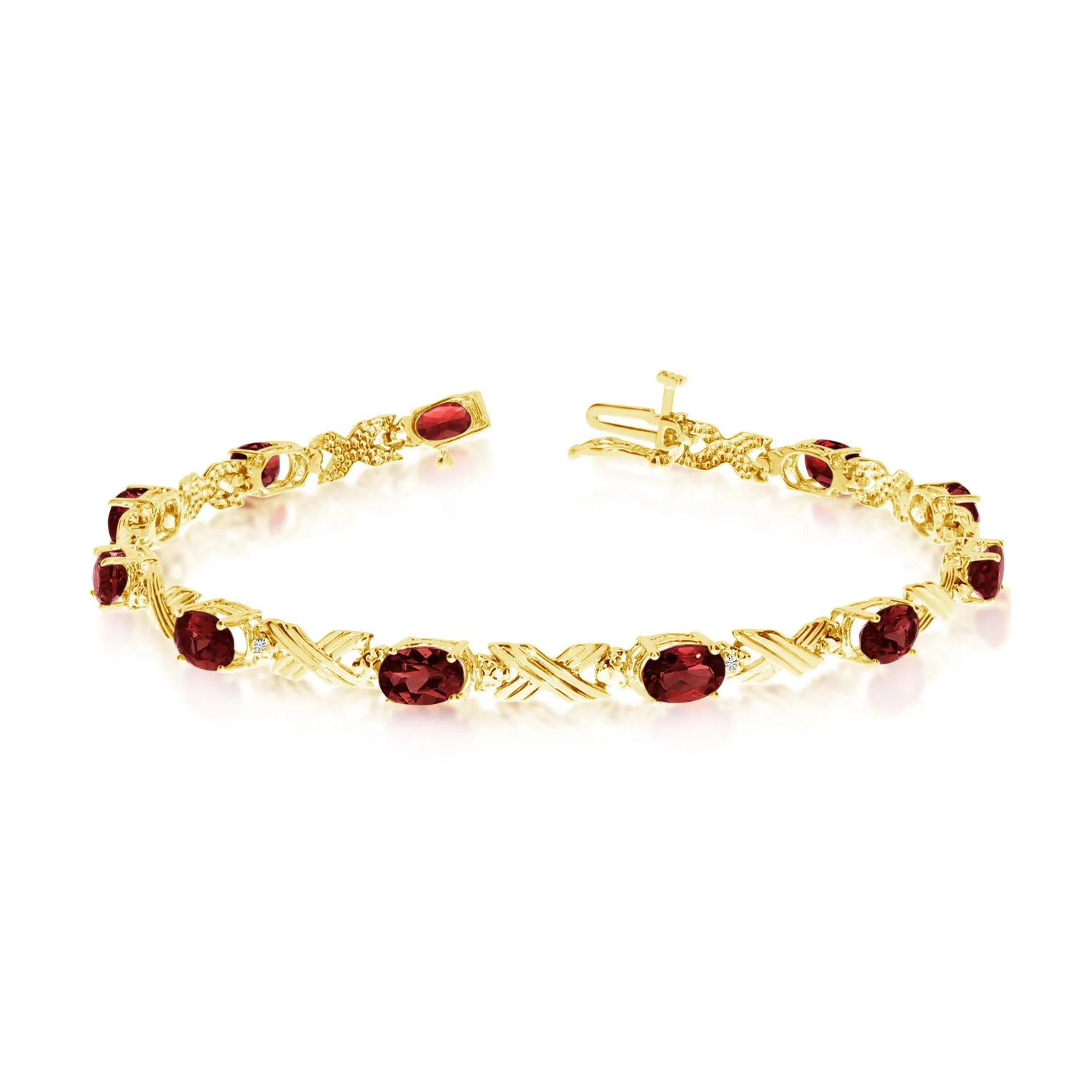 10K Yellow Gold Oval Garnet Stones And Diamonds Tennis Bracelet, 7"