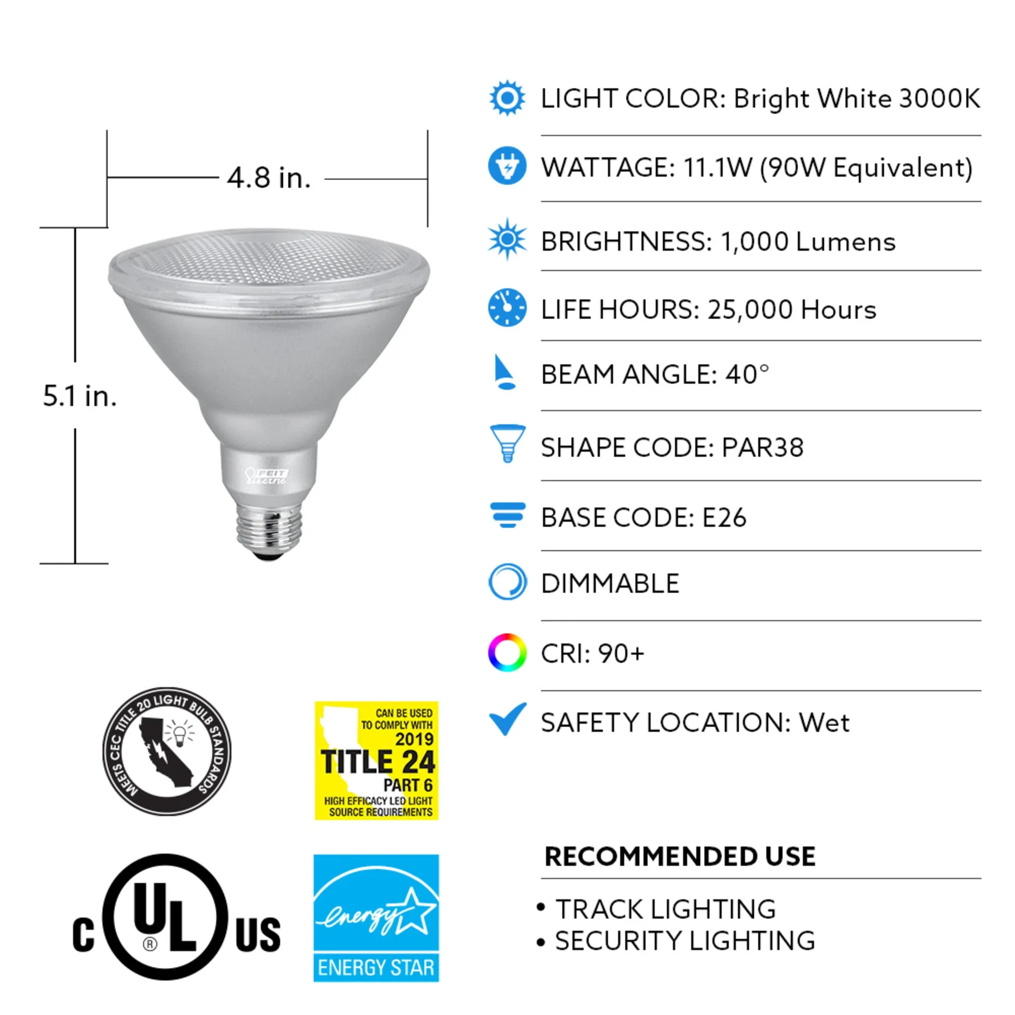 11.1W (90W Replacement) Bright White (3000K) E26 Base PAR38 Dimmable Enhance Reflector LED Bulb (2-Pack)