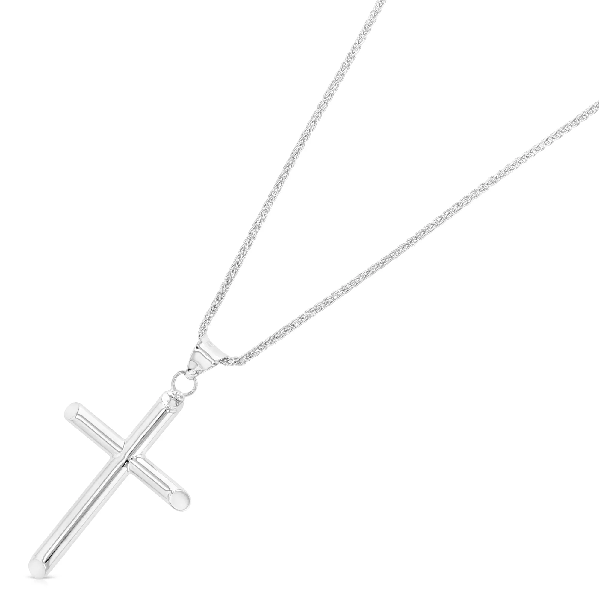 14K Gold Classic Cross Charm Pendant with 1.1mm Wheat Chain Necklace