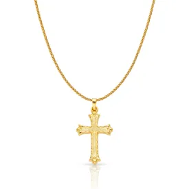 14K Gold Cross Charm Pendant with 1.1mm Wheat Chain Necklace