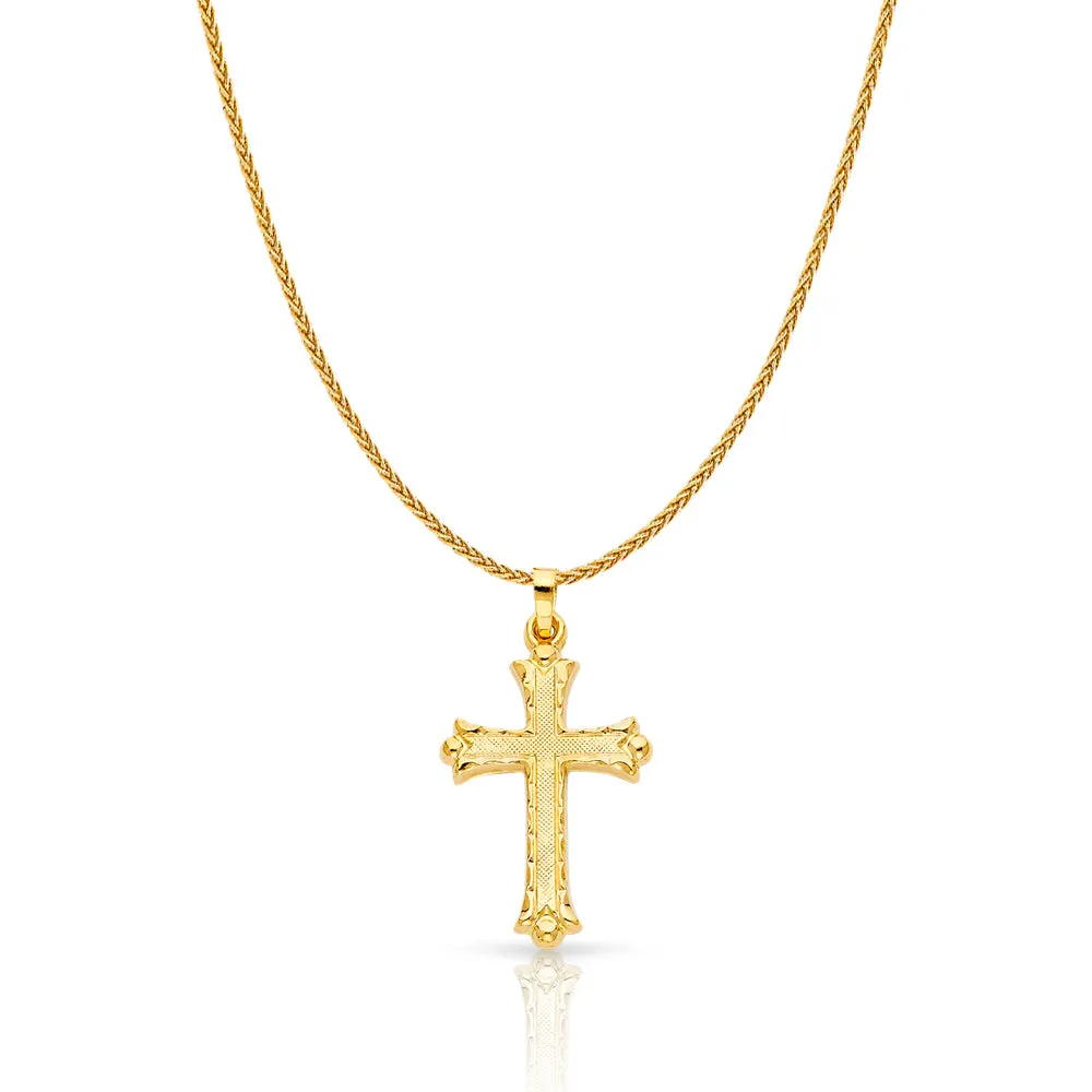 14K Gold Cross Charm Pendant with 1.1mm Wheat Chain Necklace