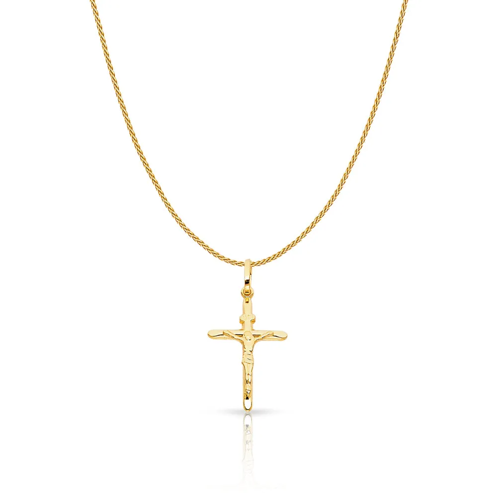 14K Gold Crucifix Charm Pendant with 0.9mm Wheat Chain Necklace