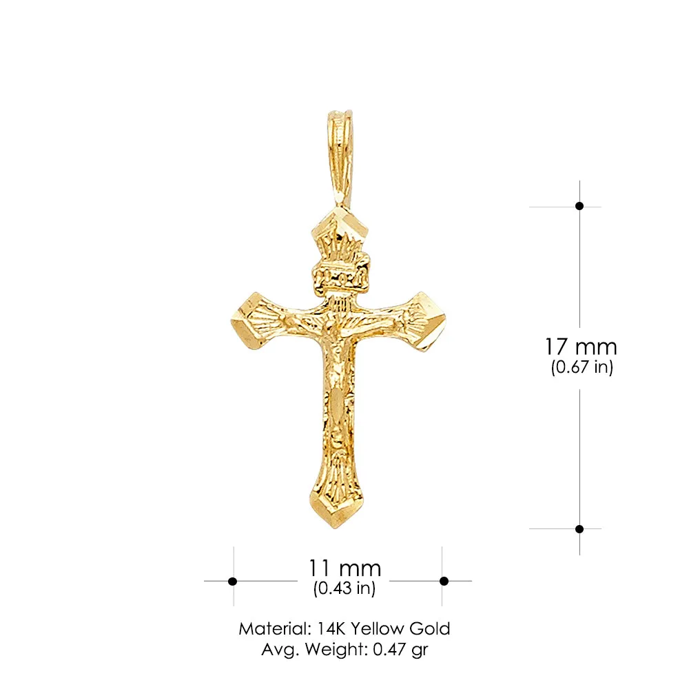 14K Gold Crucifix Charm Pendant with 1.5mm Flat Open Wheat Chain Necklace