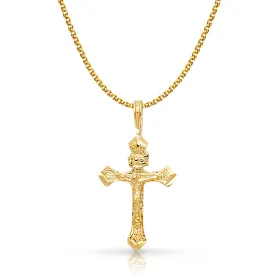 14K Gold Crucifix Charm Pendant with 1.5mm Flat Open Wheat Chain Necklace