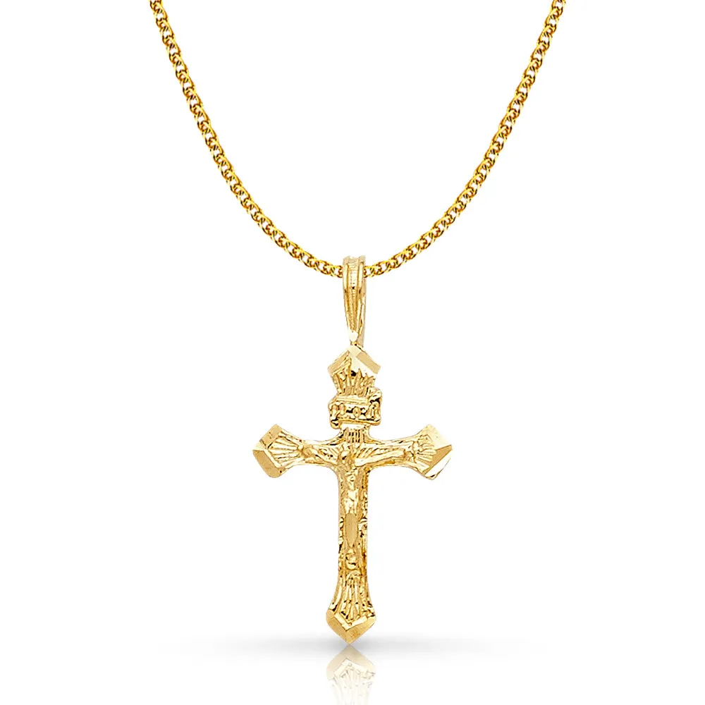 14K Gold Crucifix Charm Pendant with 1.5mm Flat Open Wheat Chain Necklace