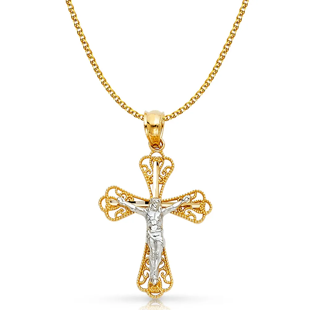 14K Gold Crucifix Charm Pendant with 1.5mm Flat Open Wheat Chain Necklace