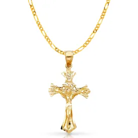 14K Gold Crucifix Charm Pendant with 2.3mm Figaro 3 1 Chain Necklace