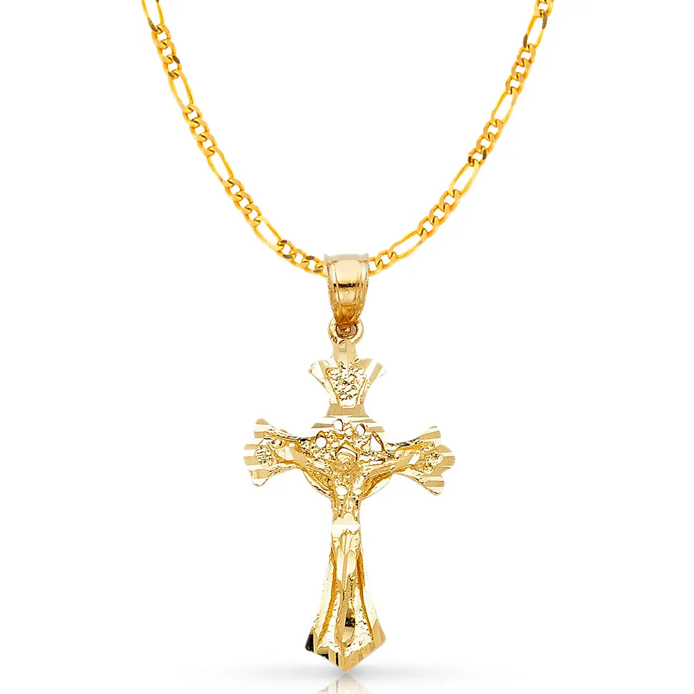 14K Gold Crucifix Charm Pendant with 2.3mm Figaro 3 1 Chain Necklace