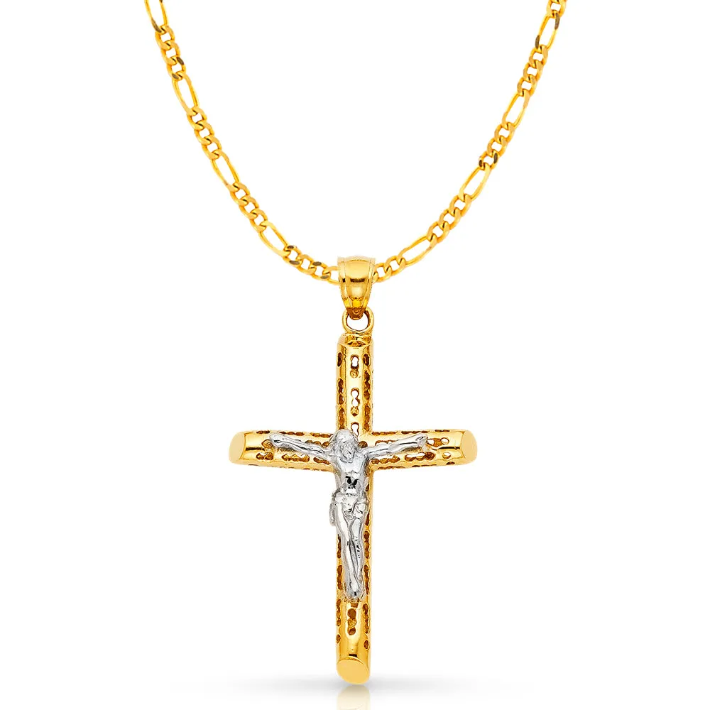 14K Gold Crucifix Charm Pendant with 3.1mm Figaro 3 1 Chain Necklace