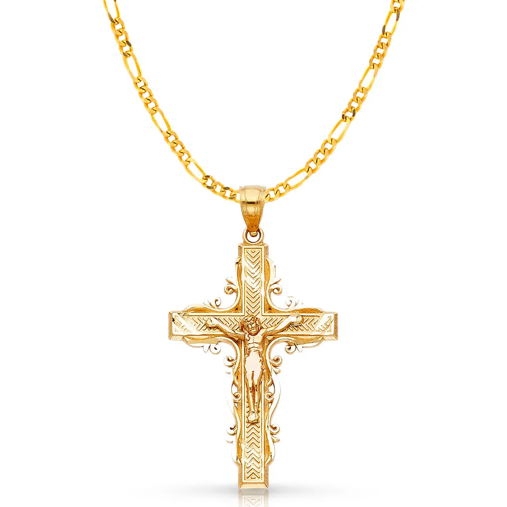 14K Gold Crucifix Charm Pendant with 3.1mm Figaro 3 1 Chain Necklace