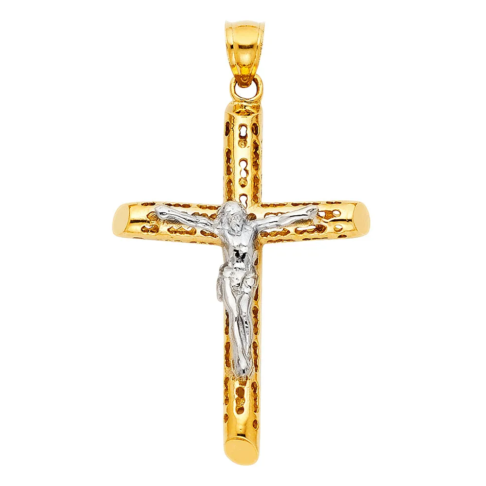 14K Gold Crucifix Charm Pendant with 3.1mm Figaro 3 1 Chain Necklace