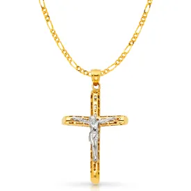 14K Gold Crucifix Charm Pendant with 3.1mm Figaro 3 1 Chain Necklace