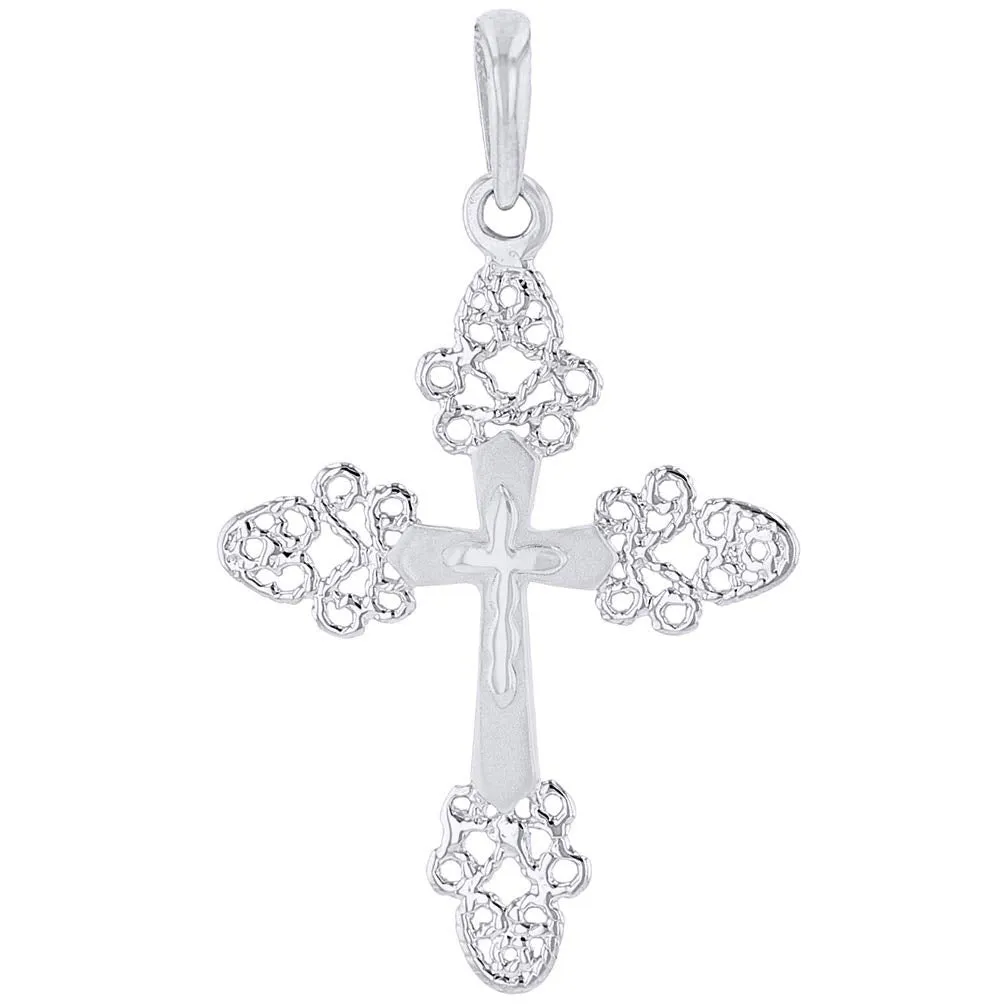 14k White Gold Elegant Filigree Fleur de Lis Cross Pendant Necklace