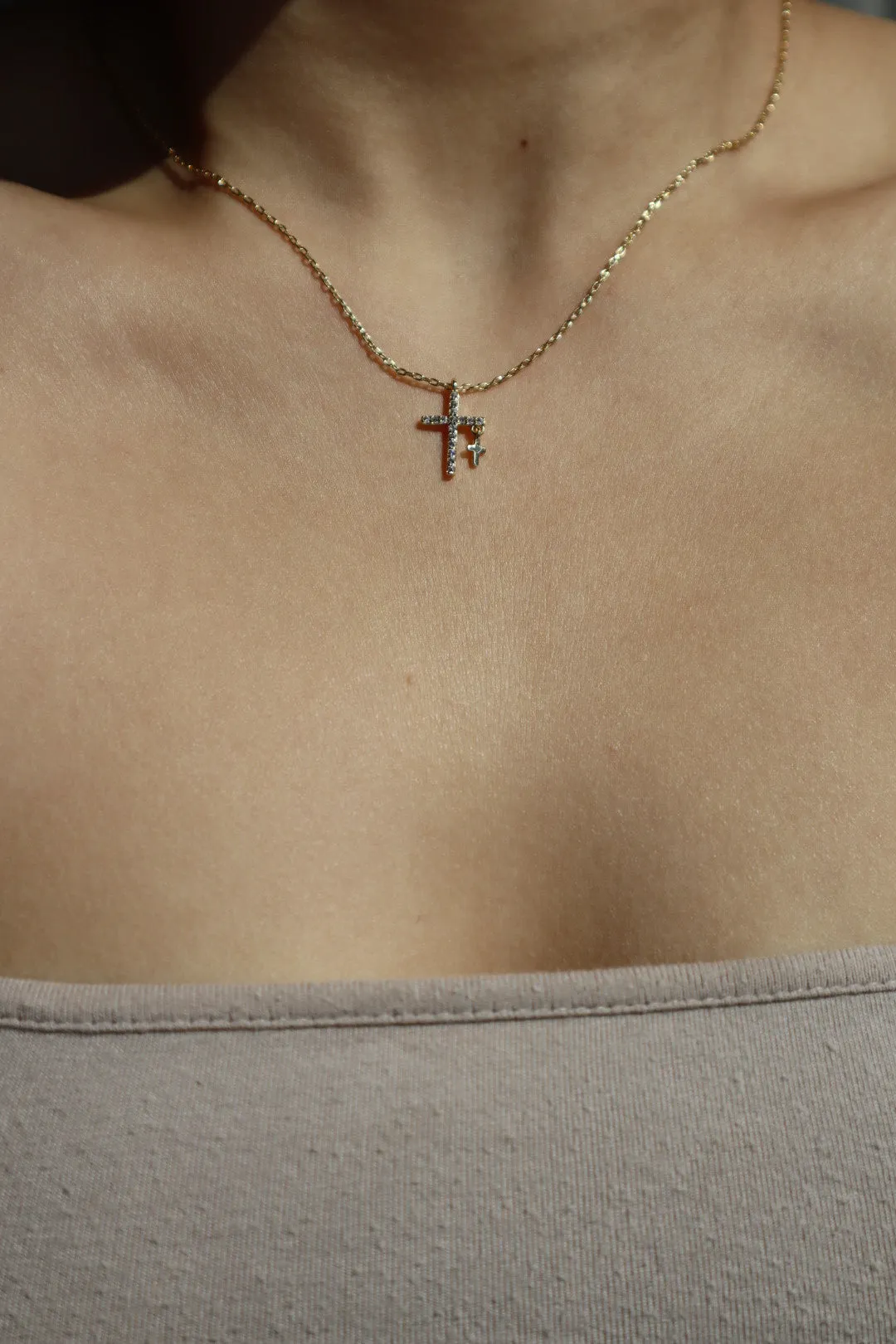 24K Double Gold Cross Necklace