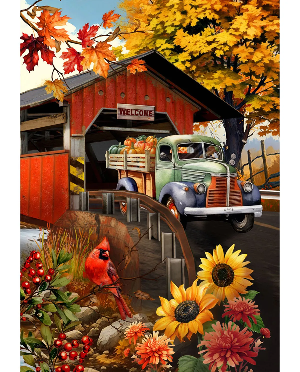 Autumn Covered Bridge Garden Flag