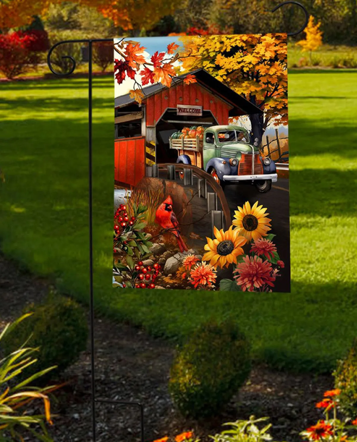 Autumn Covered Bridge Garden Flag