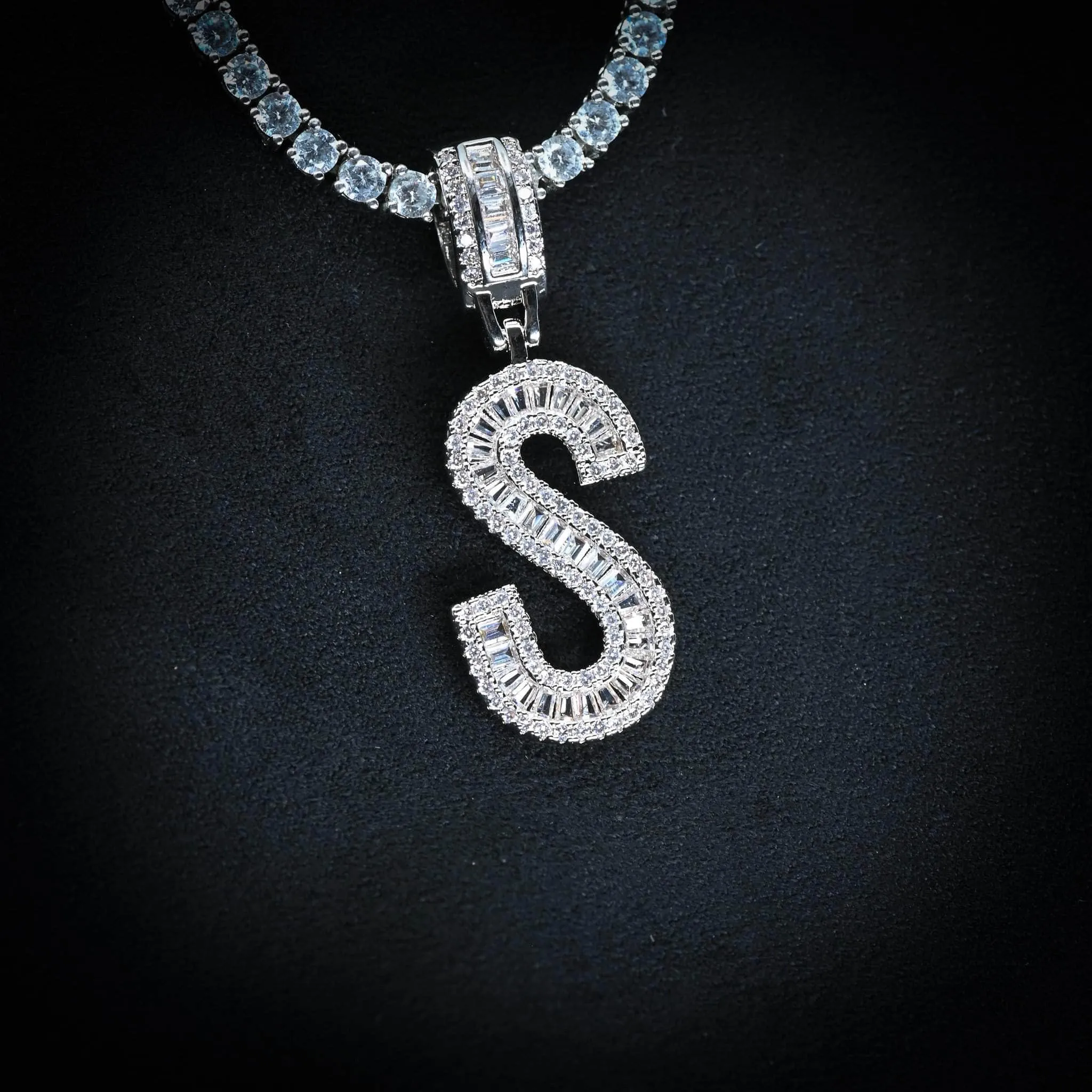 Baguette Diamond Initial Letter Necklace