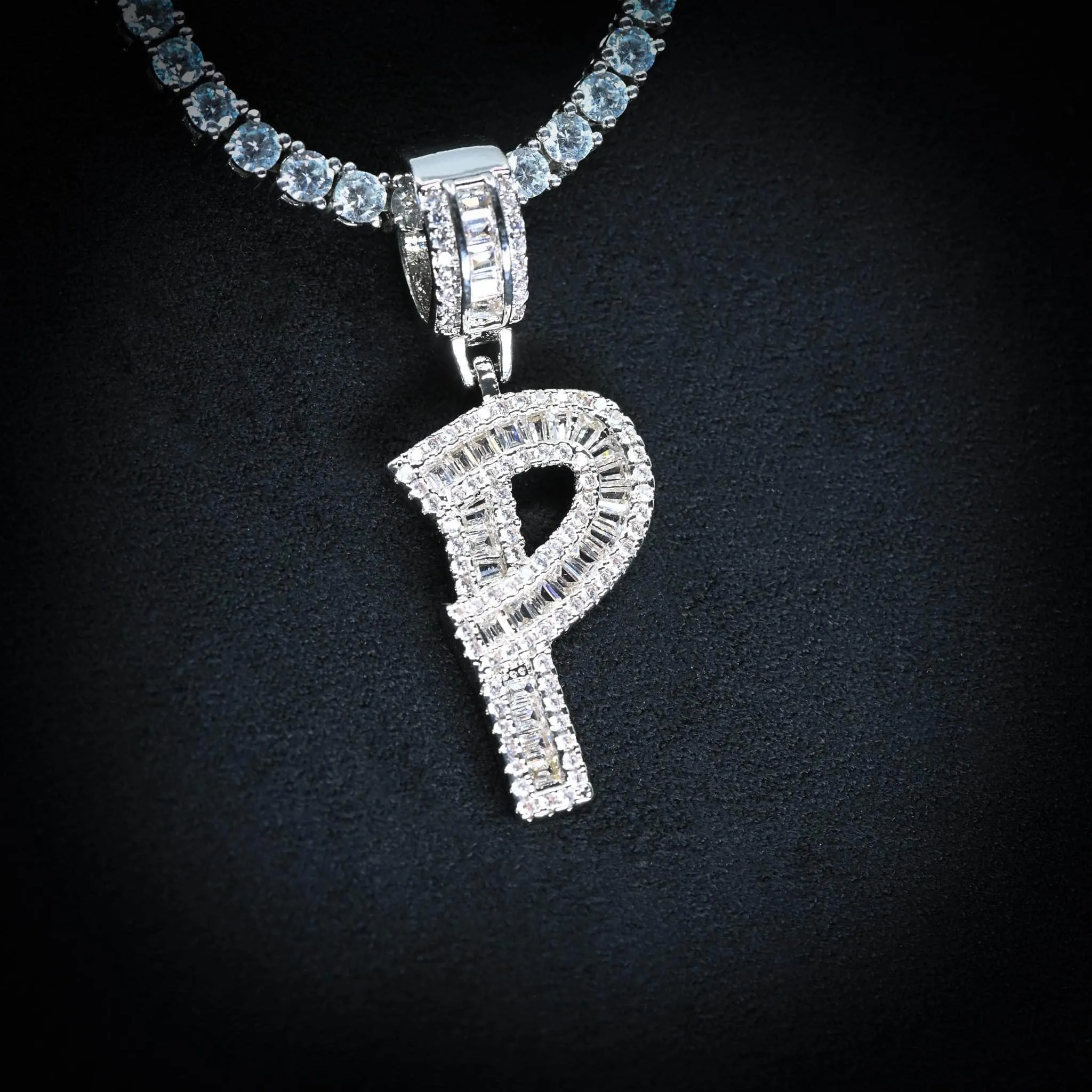 Baguette Diamond Initial Letter Necklace