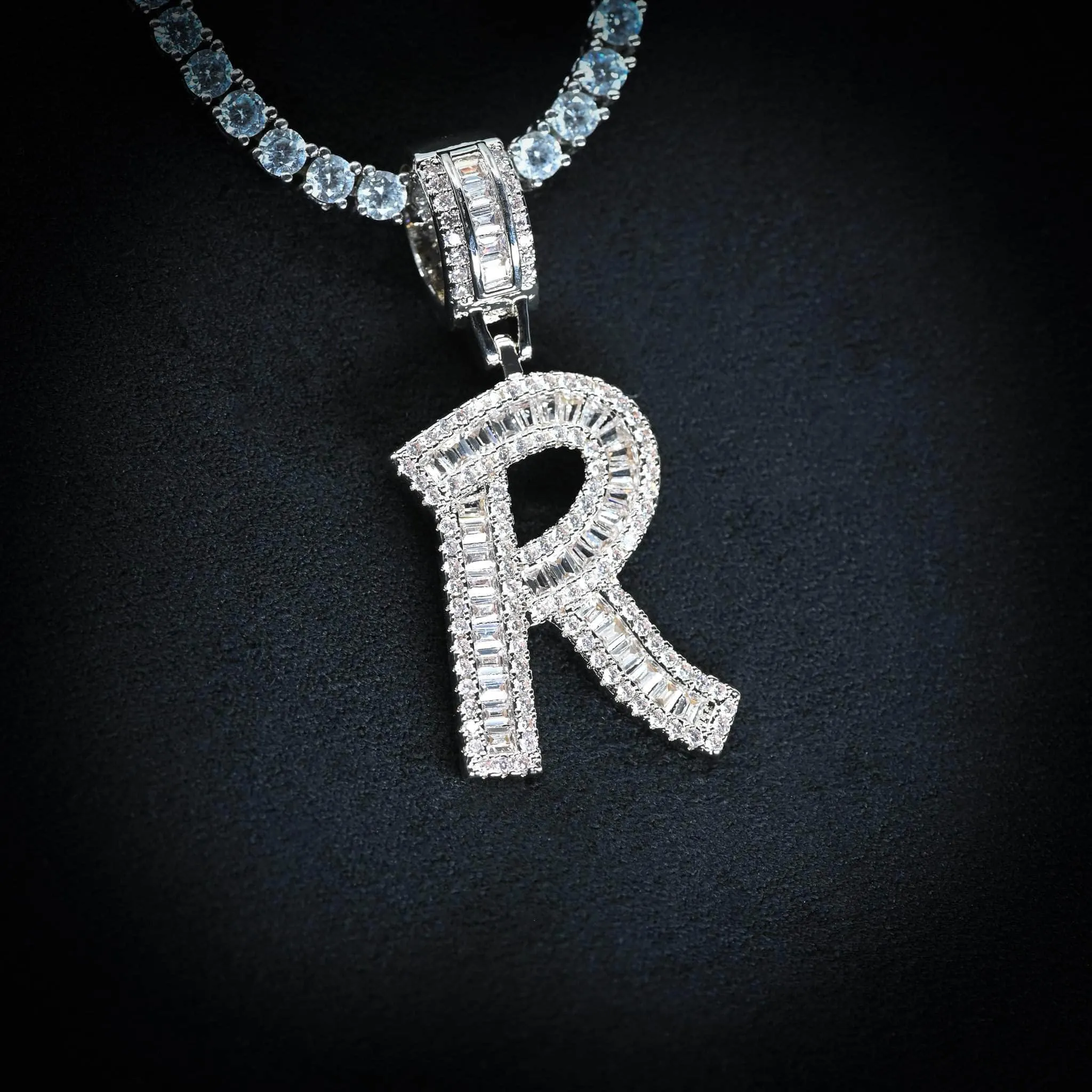 Baguette Diamond Initial Letter Necklace