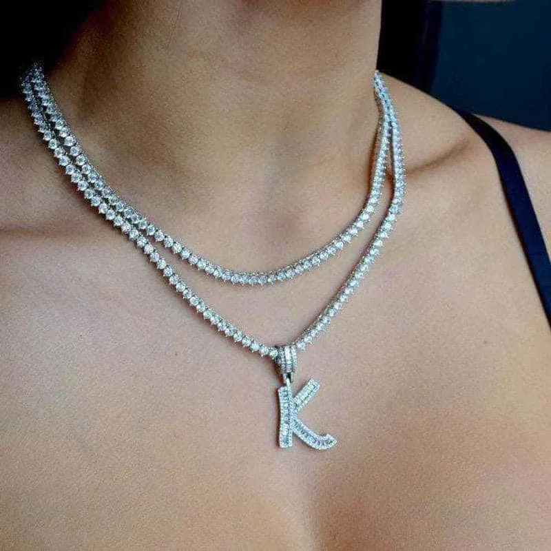 Baguette Diamond Initial Letter Necklace