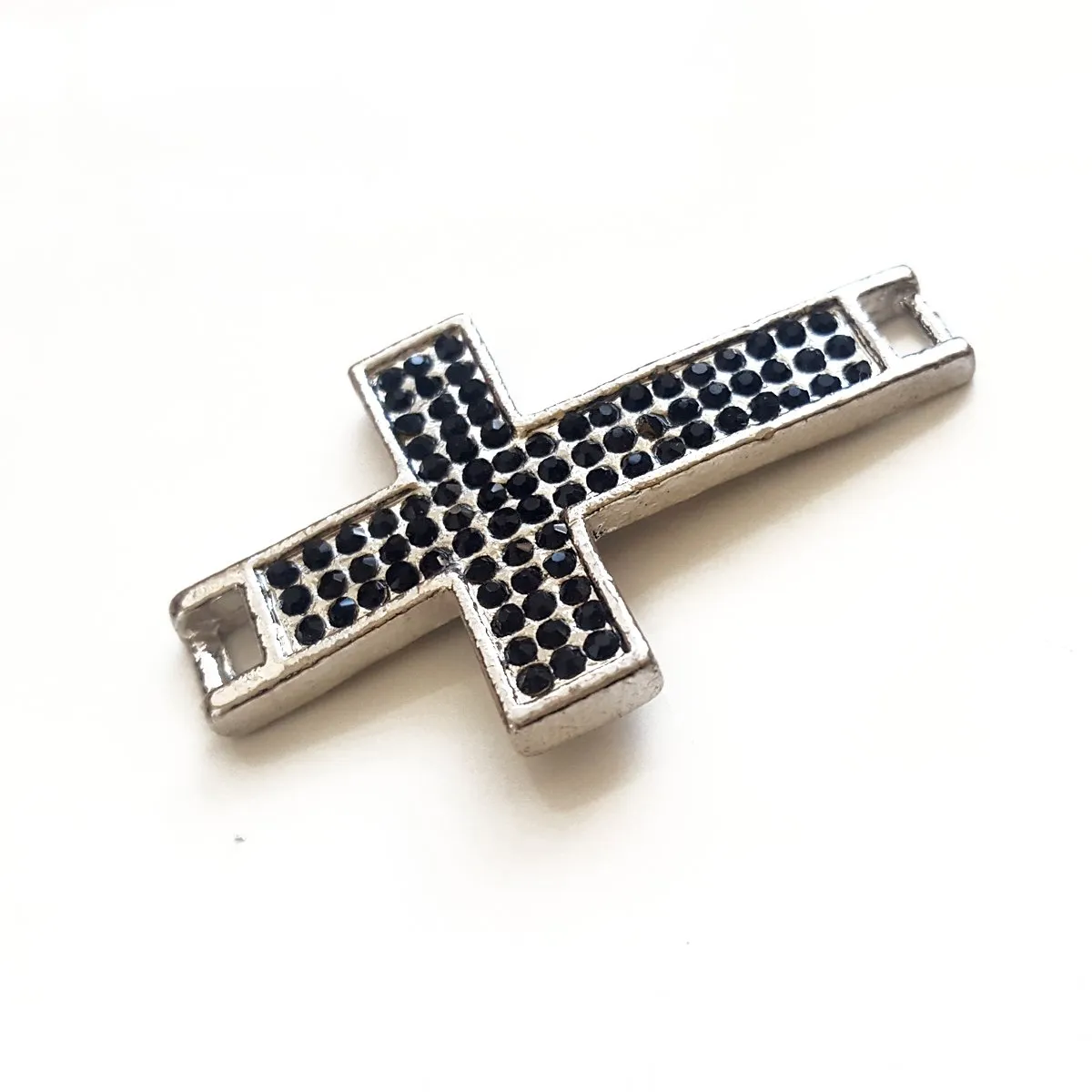 Base Metal Cross Connector in Silver with Black Diamante | BM-005 | Jewellery Supply