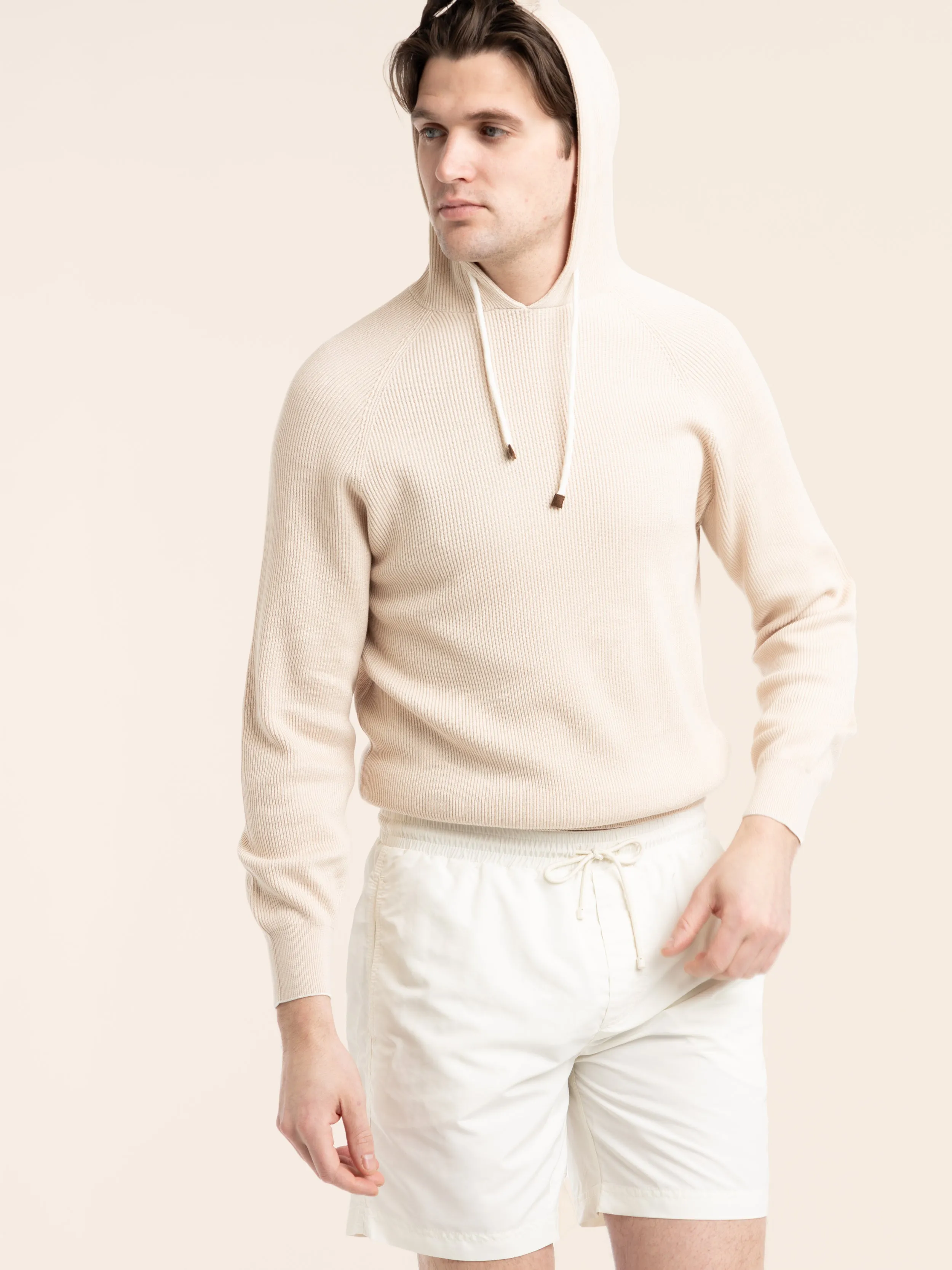 Beige Cotton English Rib Hooded Sweater