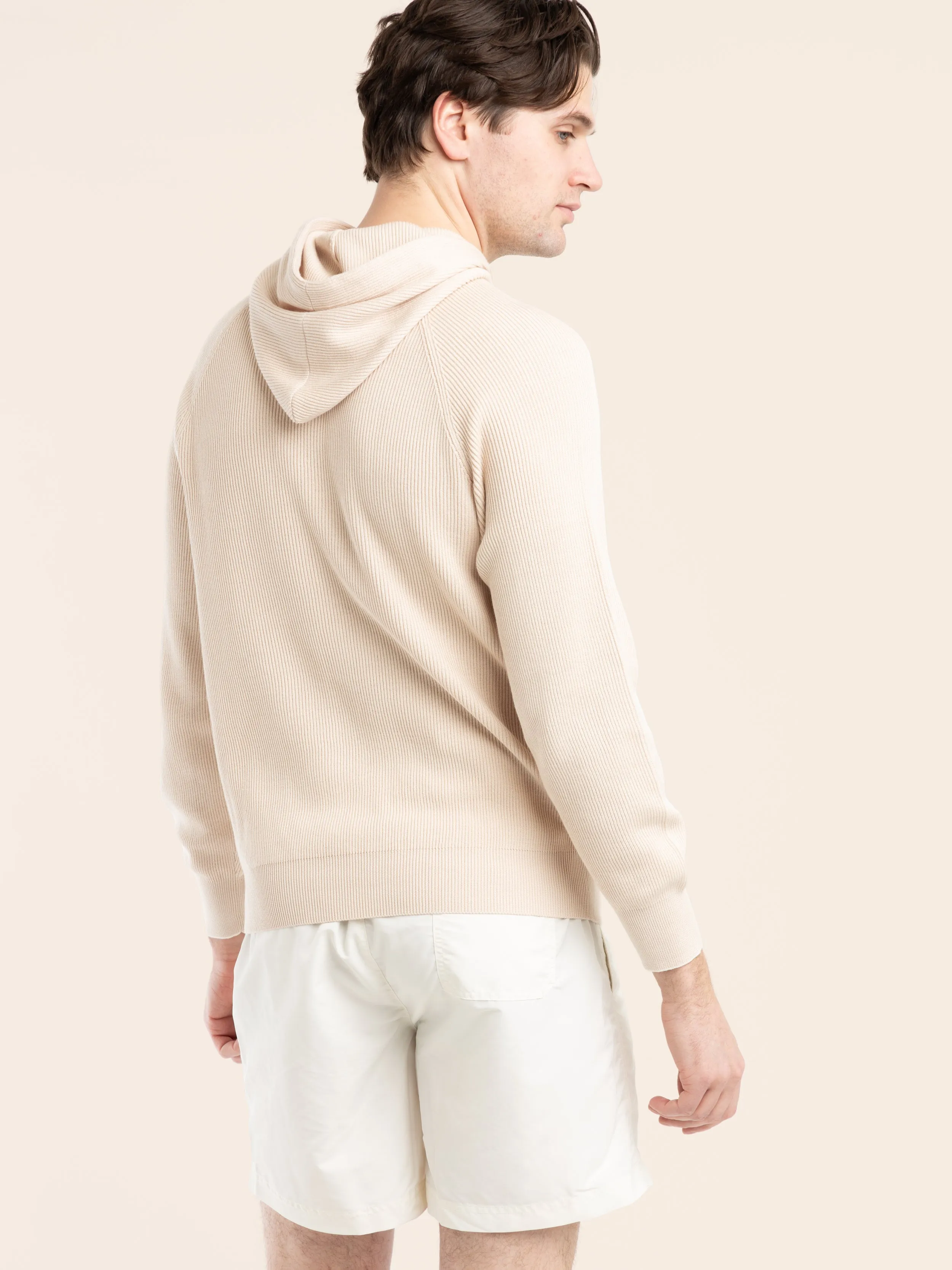 Beige Cotton English Rib Hooded Sweater