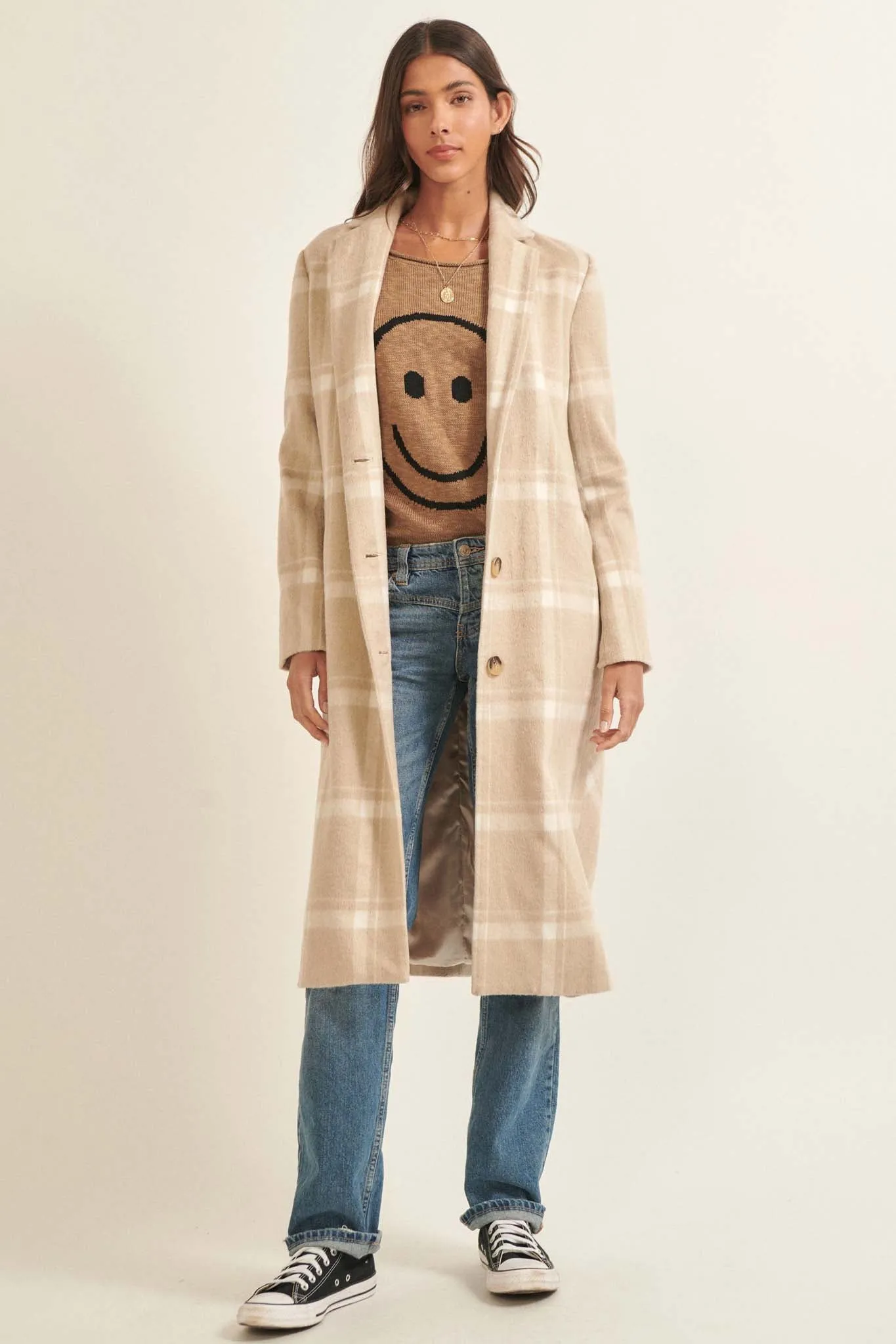 Check Point Button-Front Plaid Overcoat