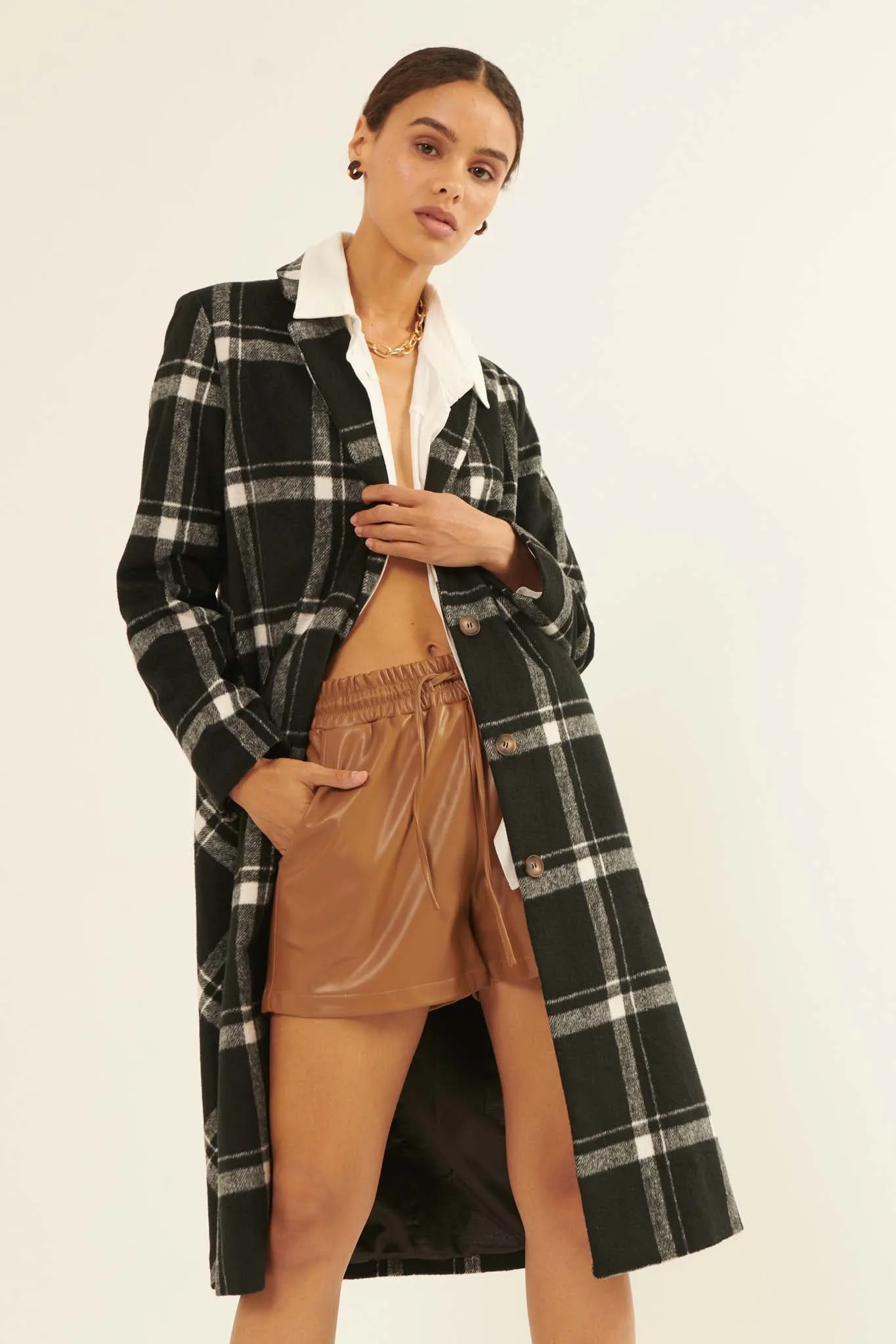 Check Point Button-Front Plaid Overcoat