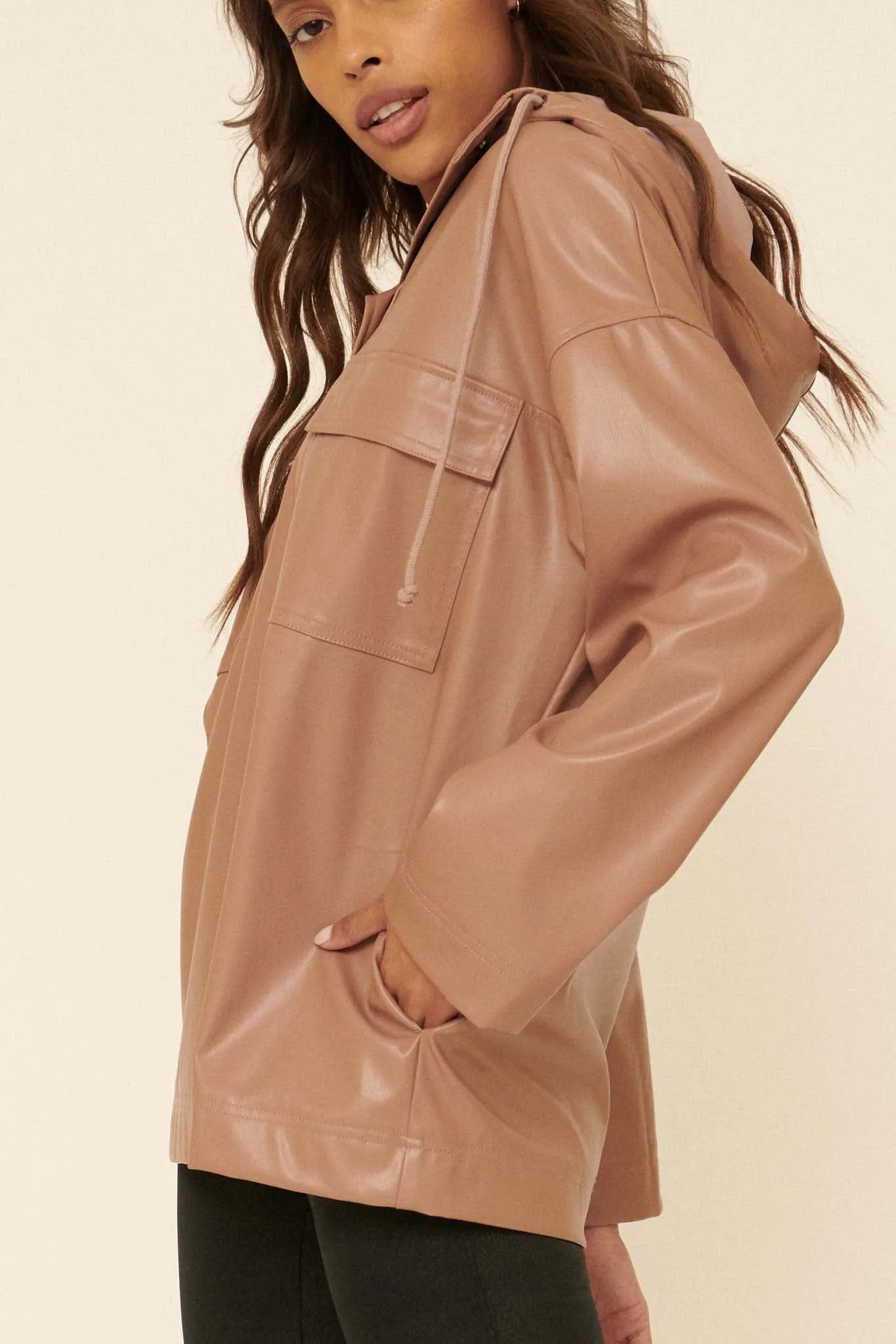 City Life Hooded Vegan Leather Pullover Jacket