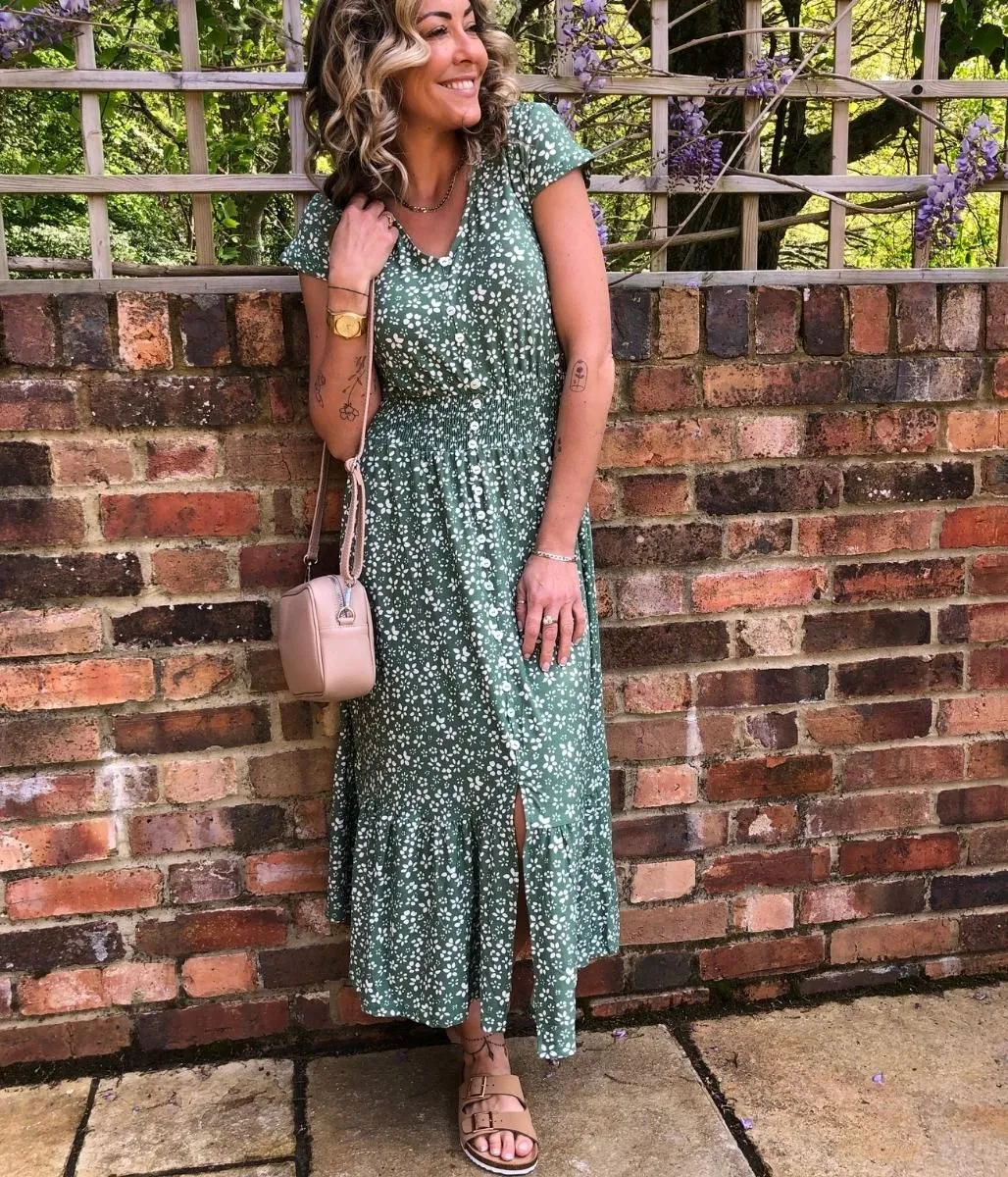 Green Ditsy Button Through Midi Dress