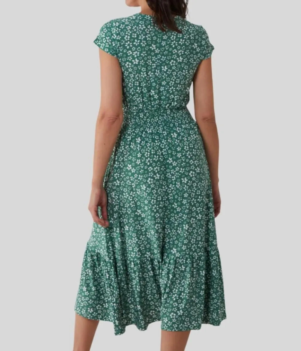 Green Ditsy Button Through Midi Dress