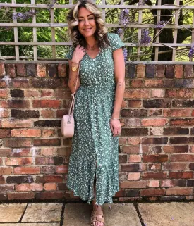 Green Ditsy Button Through Midi Dress