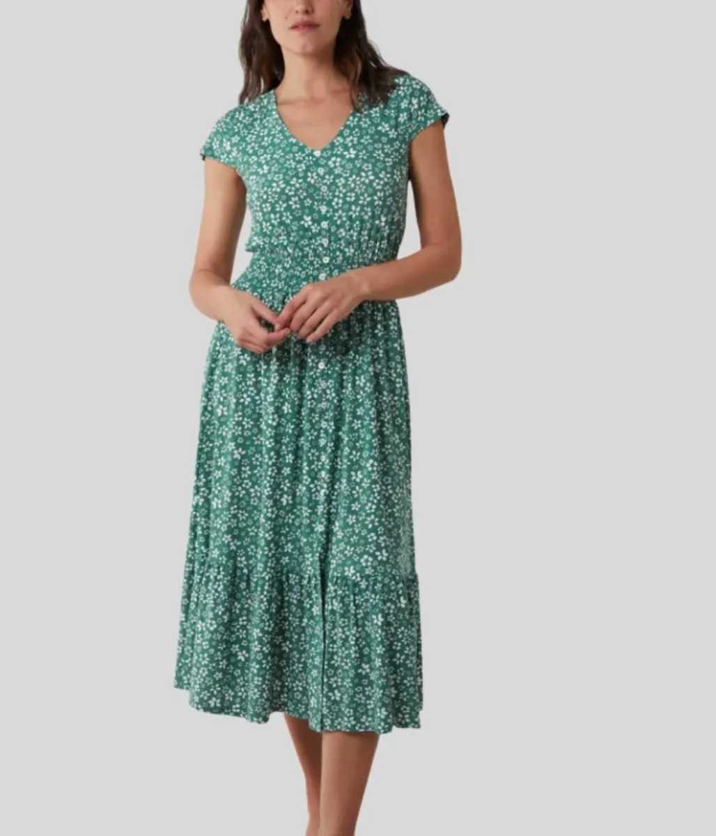 Green Ditsy Button Through Midi Dress