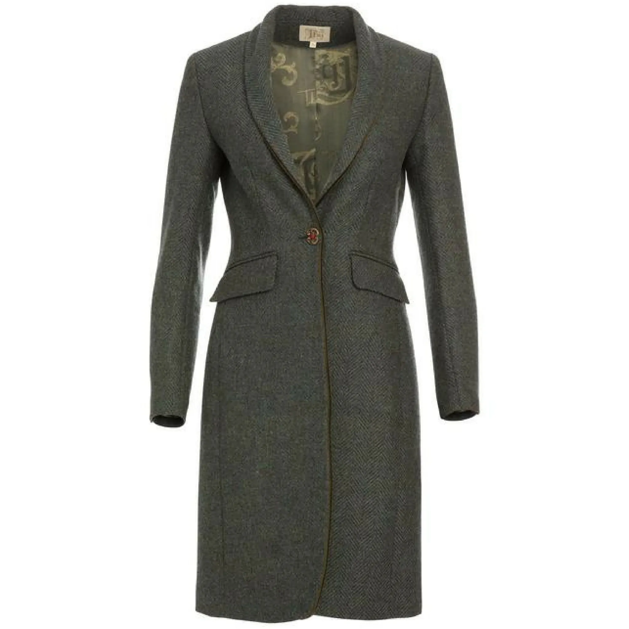 Herringbone Tweed Long Jacket - Blue Green