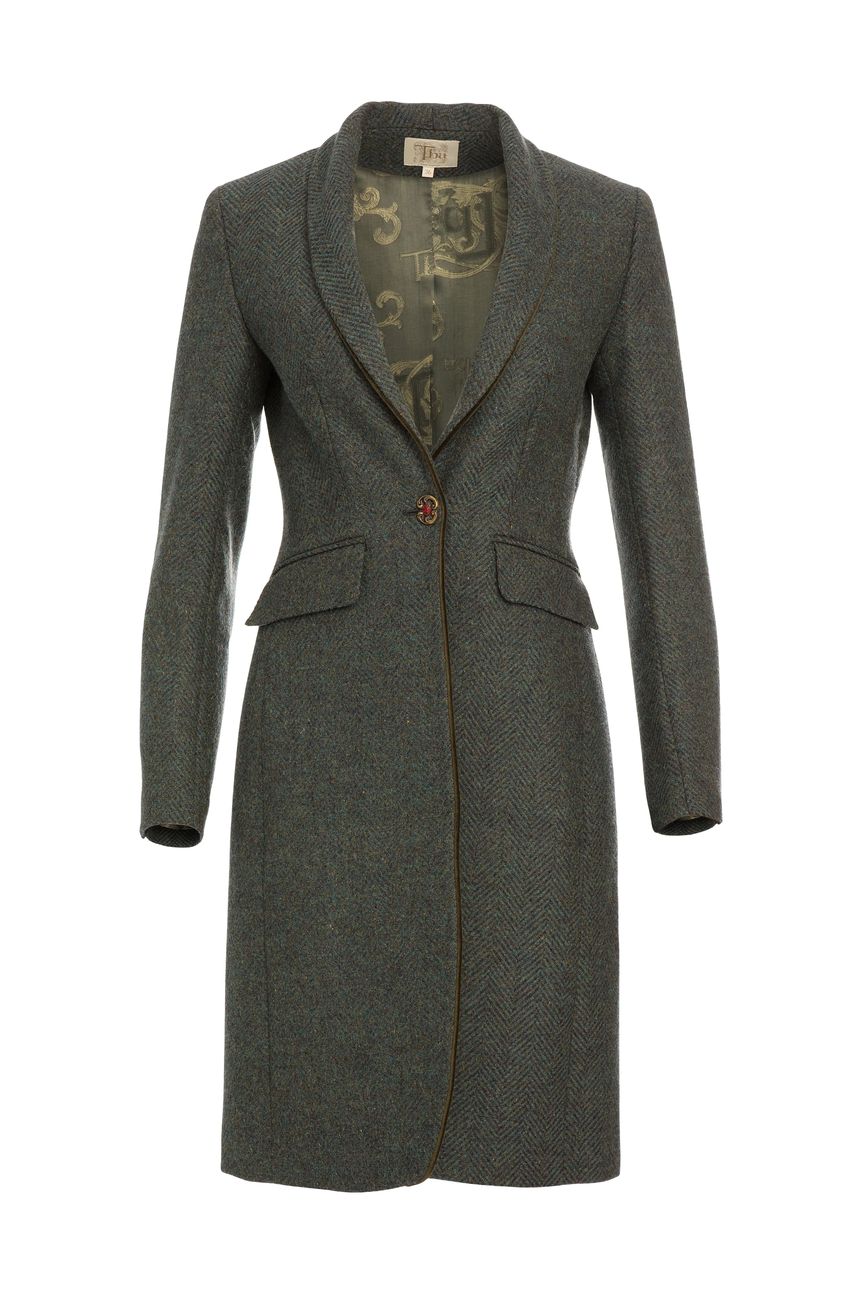 Herringbone Tweed Long Jacket - Blue Green