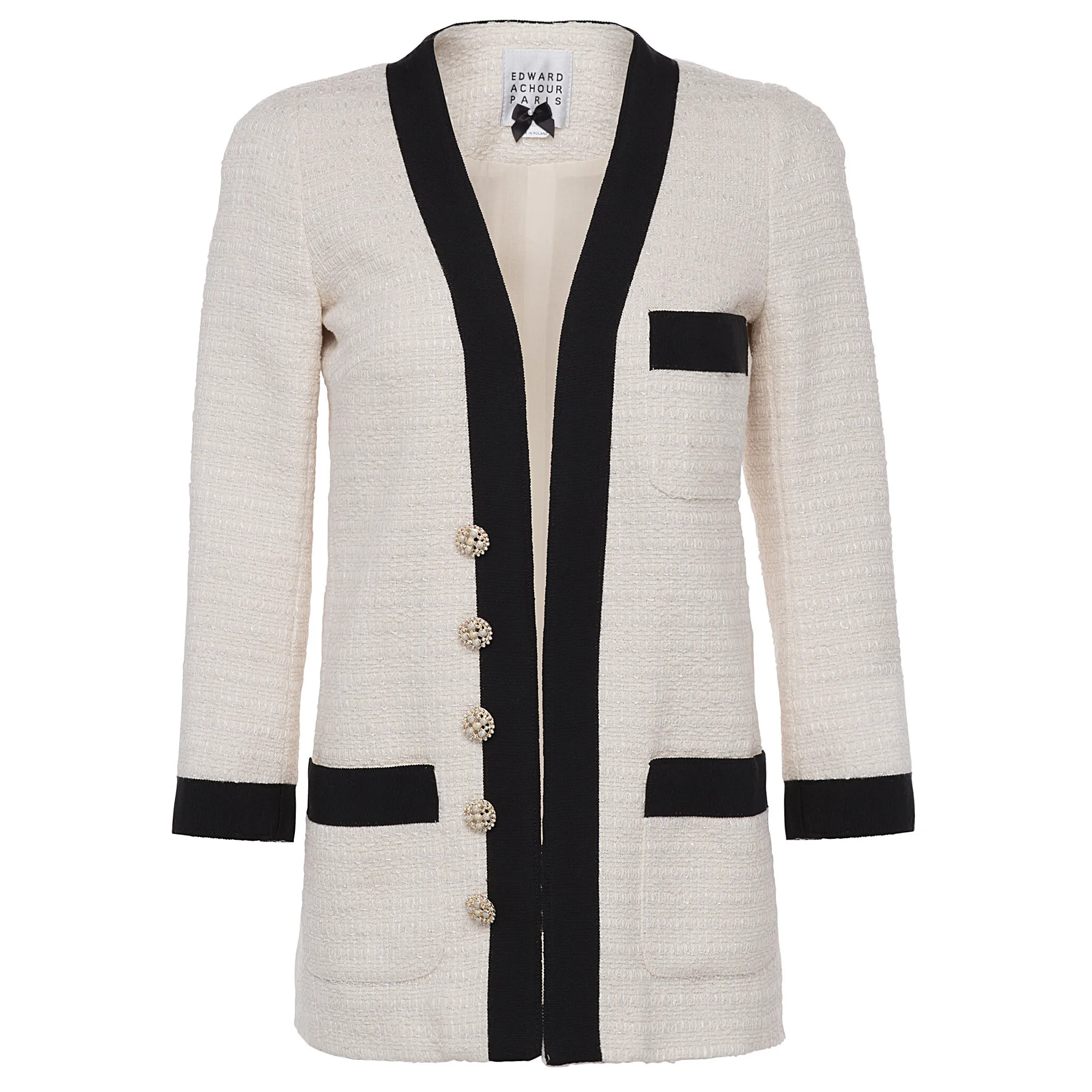 Ivory Tweed Blazer with Black Grosgrain Trim