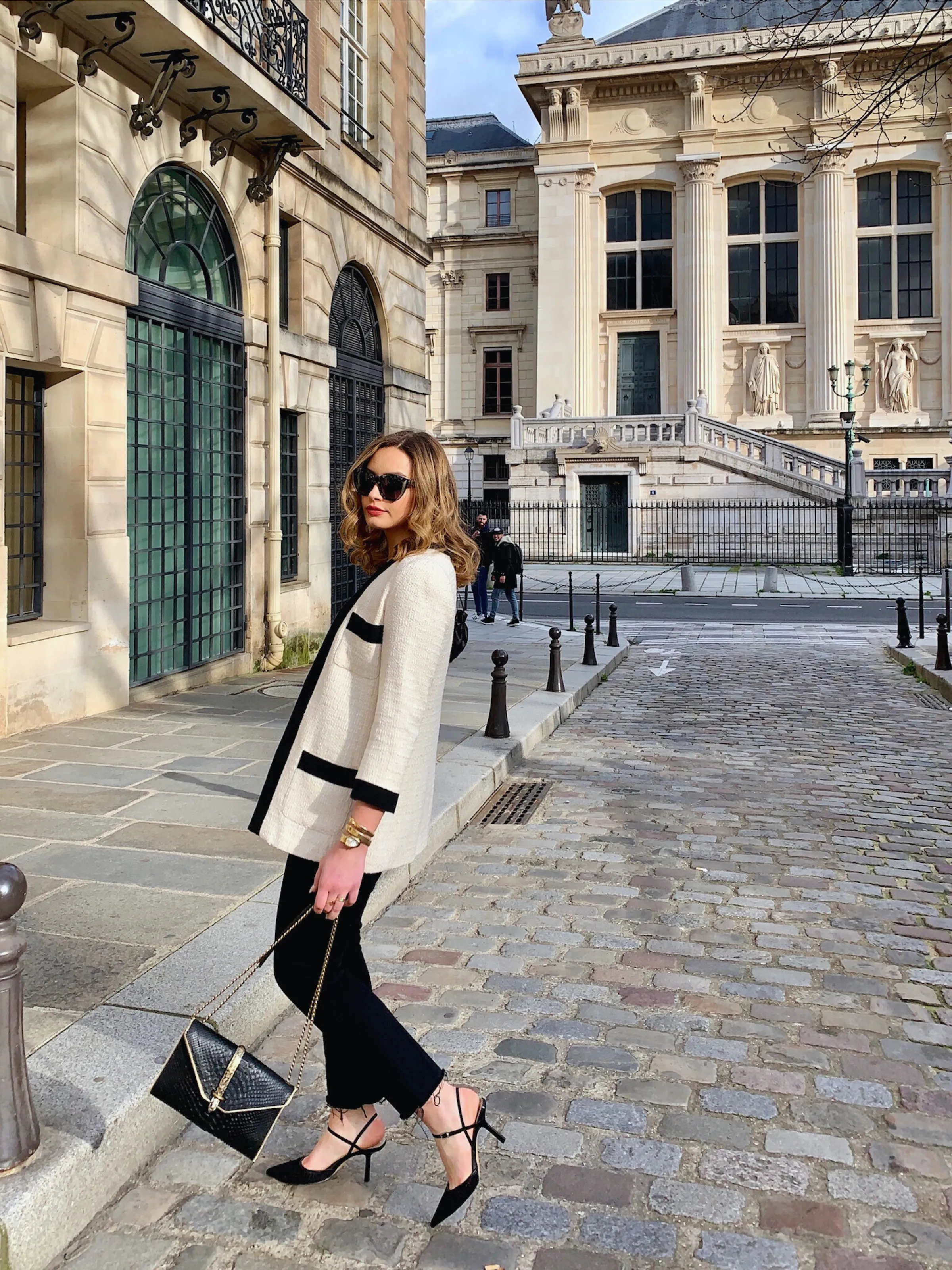 Ivory Tweed Blazer with Black Grosgrain Trim