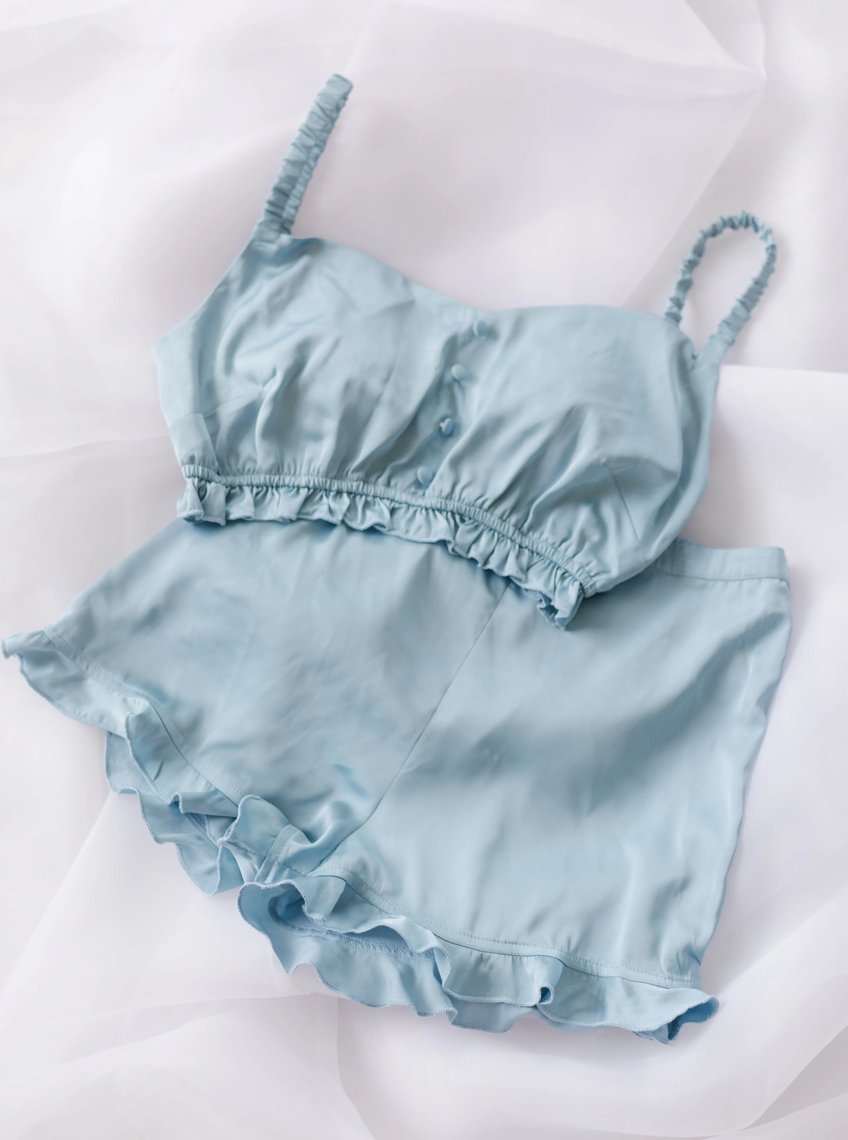 Jane Baby Blue Satin Lounge Shorts Set