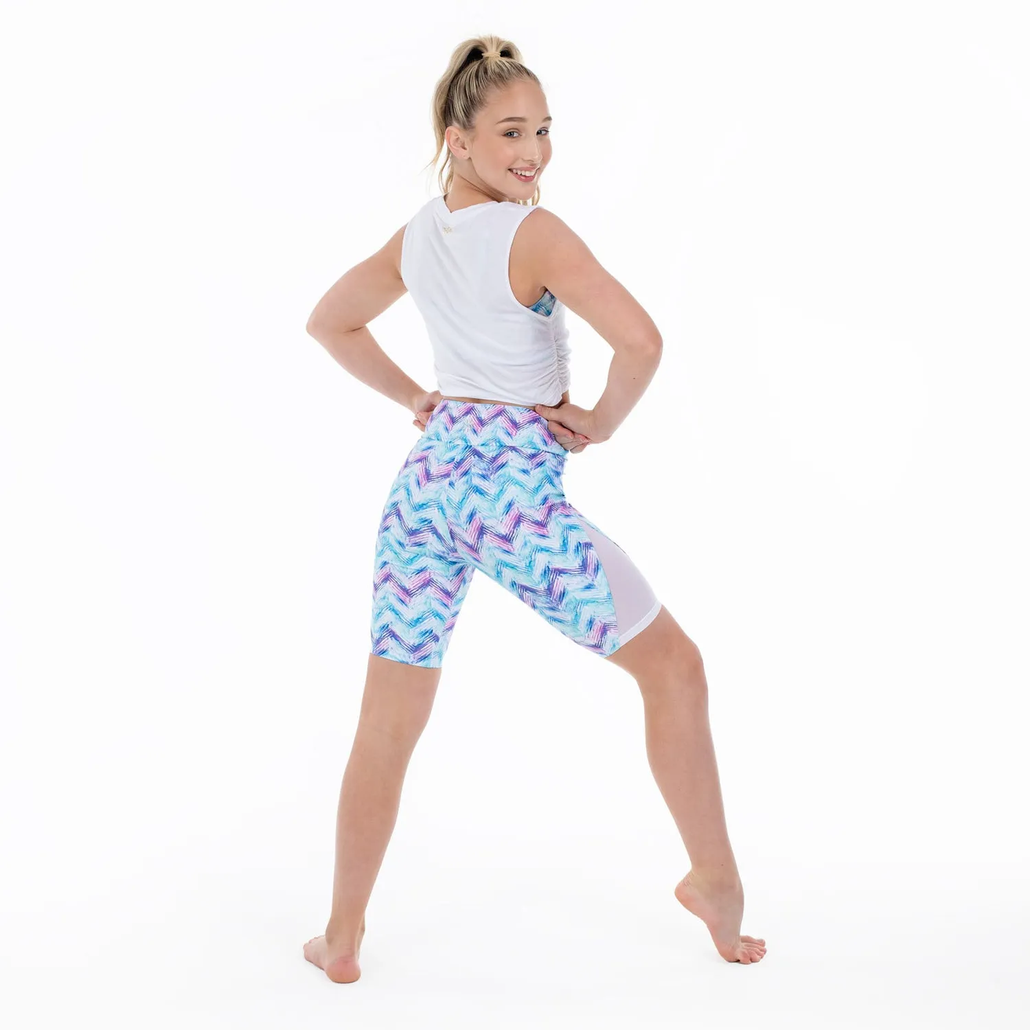 Josie: Mesh Panel Bike Shorts in Watery Chevron Print