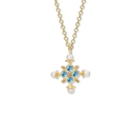 Madrid Large Cross Pendant Yellow Gold - Blue Topaz & Pearl