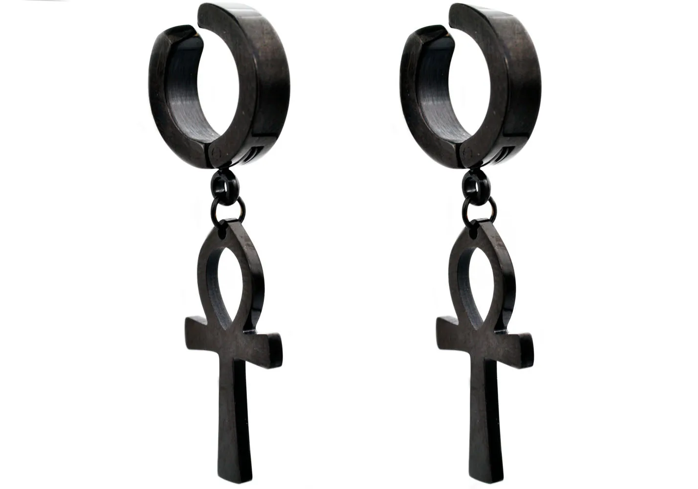 Mens Black Stainless Steel Clip On Ankh Cross Earrings