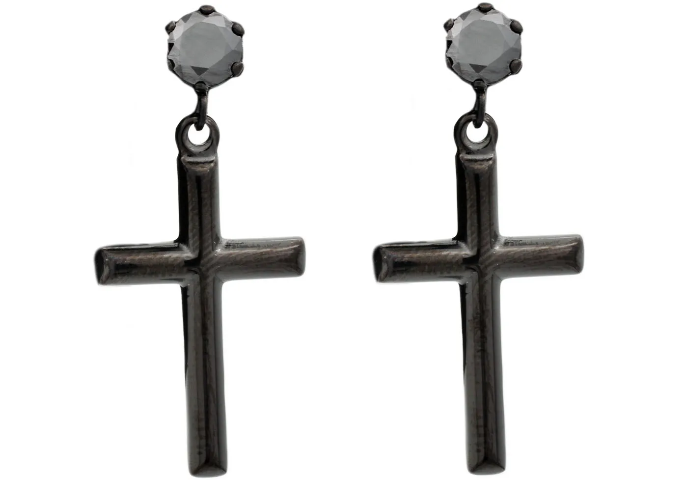 Mens Black Stainless Steel Cross Earrings Studs With Black Cubic Zirconia