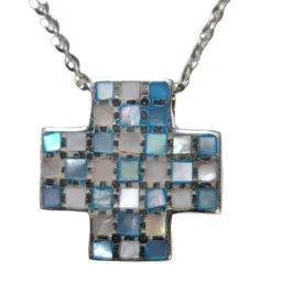 Mosaic Mother of Pearl Cross Pendant Necklace