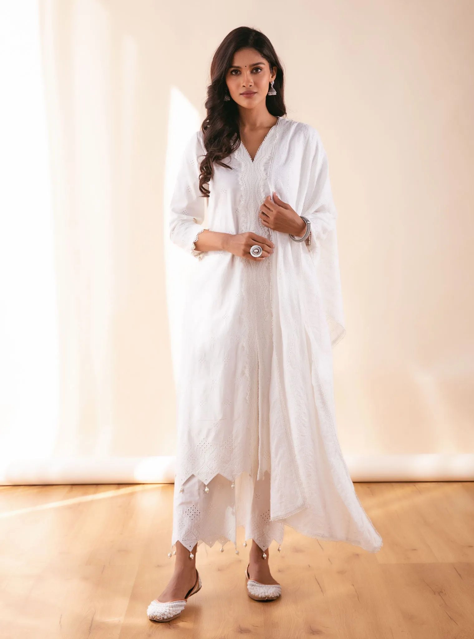 Mulmul Cotton Audrey White Kurta With Audrey White Palazzo