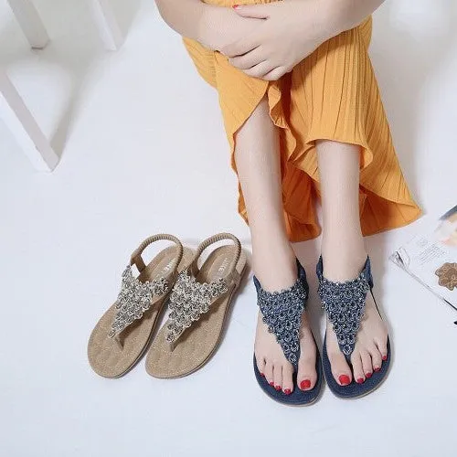 OCW Rhinestone Sandals For Women T-strap Flat Anti-shock Stylish For Summer