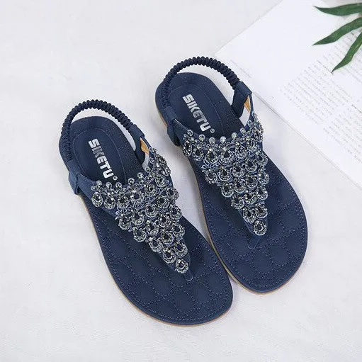 OCW Rhinestone Sandals For Women T-strap Flat Anti-shock Stylish For Summer