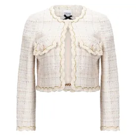 Pearl Button Cropped Tweed Jacket - Ivory   Gold