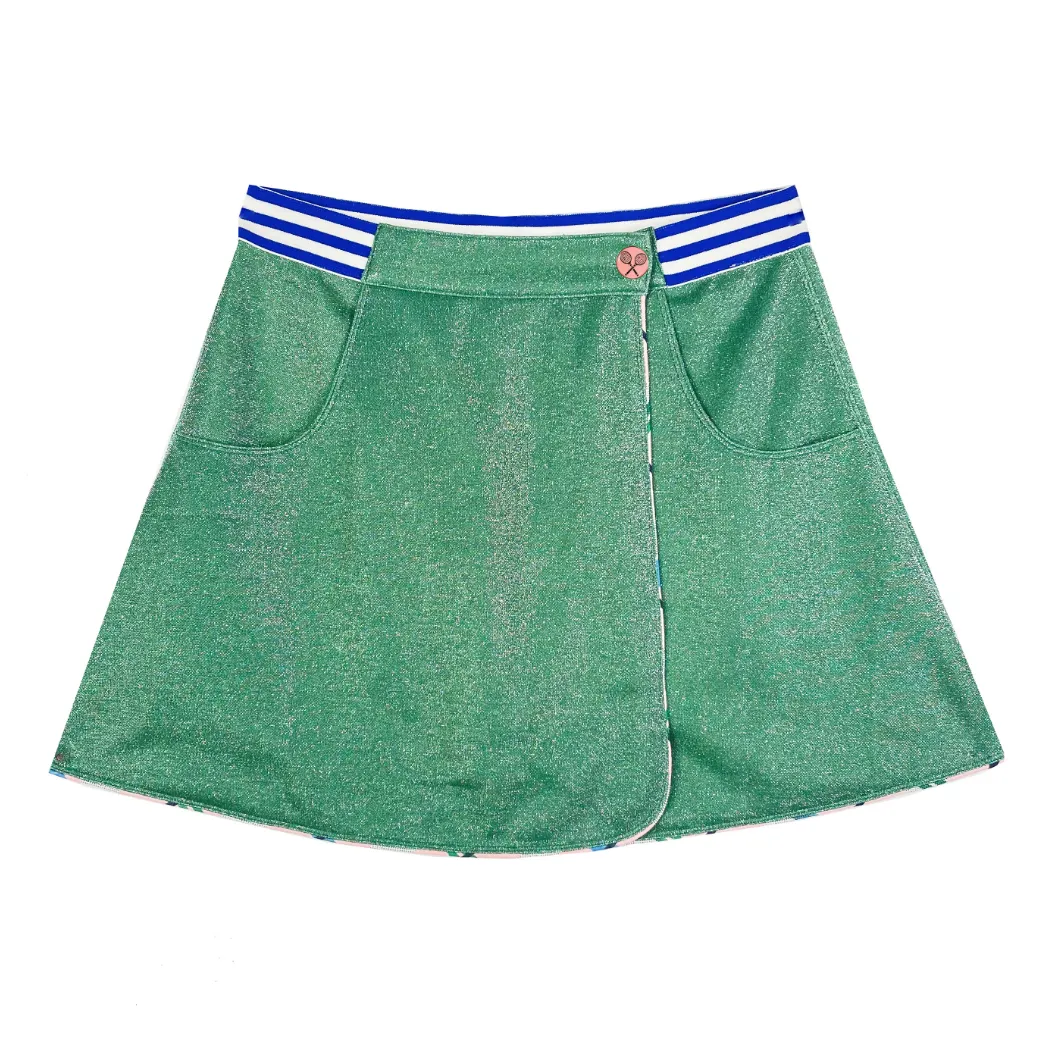 SAMPLE - Reversible Tennis Skirt - Pink Plaid & Green Lurex