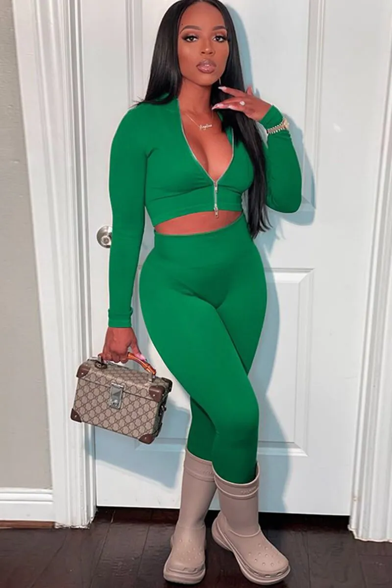 Solid Color Zipper Front Skinny Two Piece Tracksuit